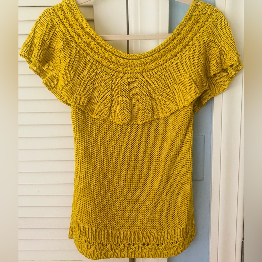 Anthropologie Mustard Yellow Off-the-Shoulder Sweater with Ruffles